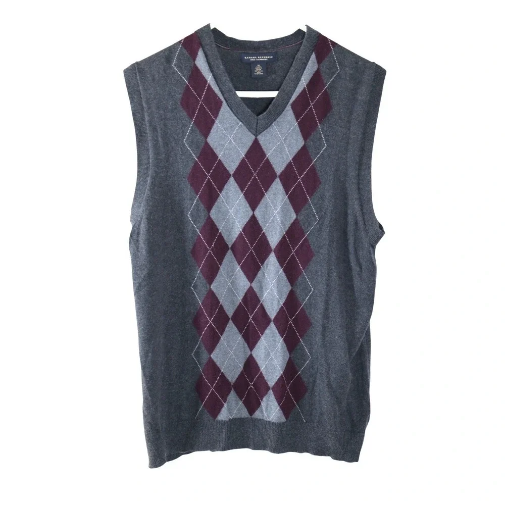Banana Republic‎ Mens Argyle Sweater Vest Silk Cashmere Grey Burgundy V-Neck M